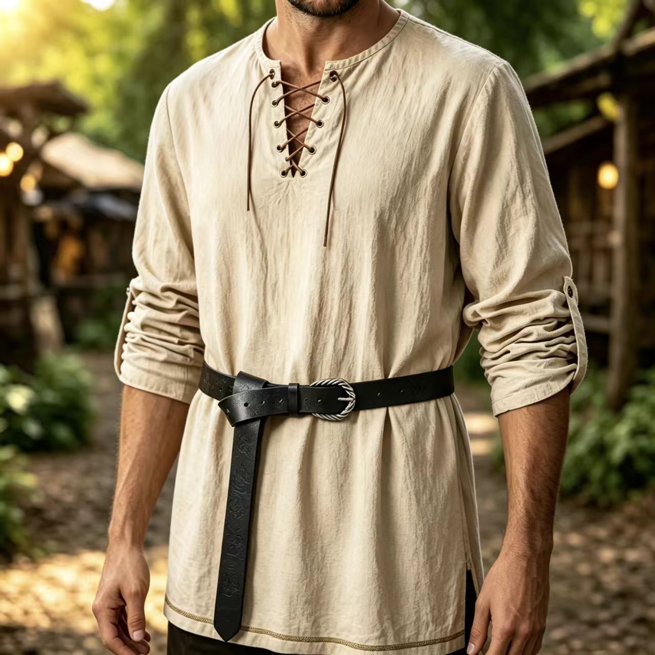 Summer Viking Clothing - Erkekler Ortaçağ Bağcıklı Keten Uzun Kollu
