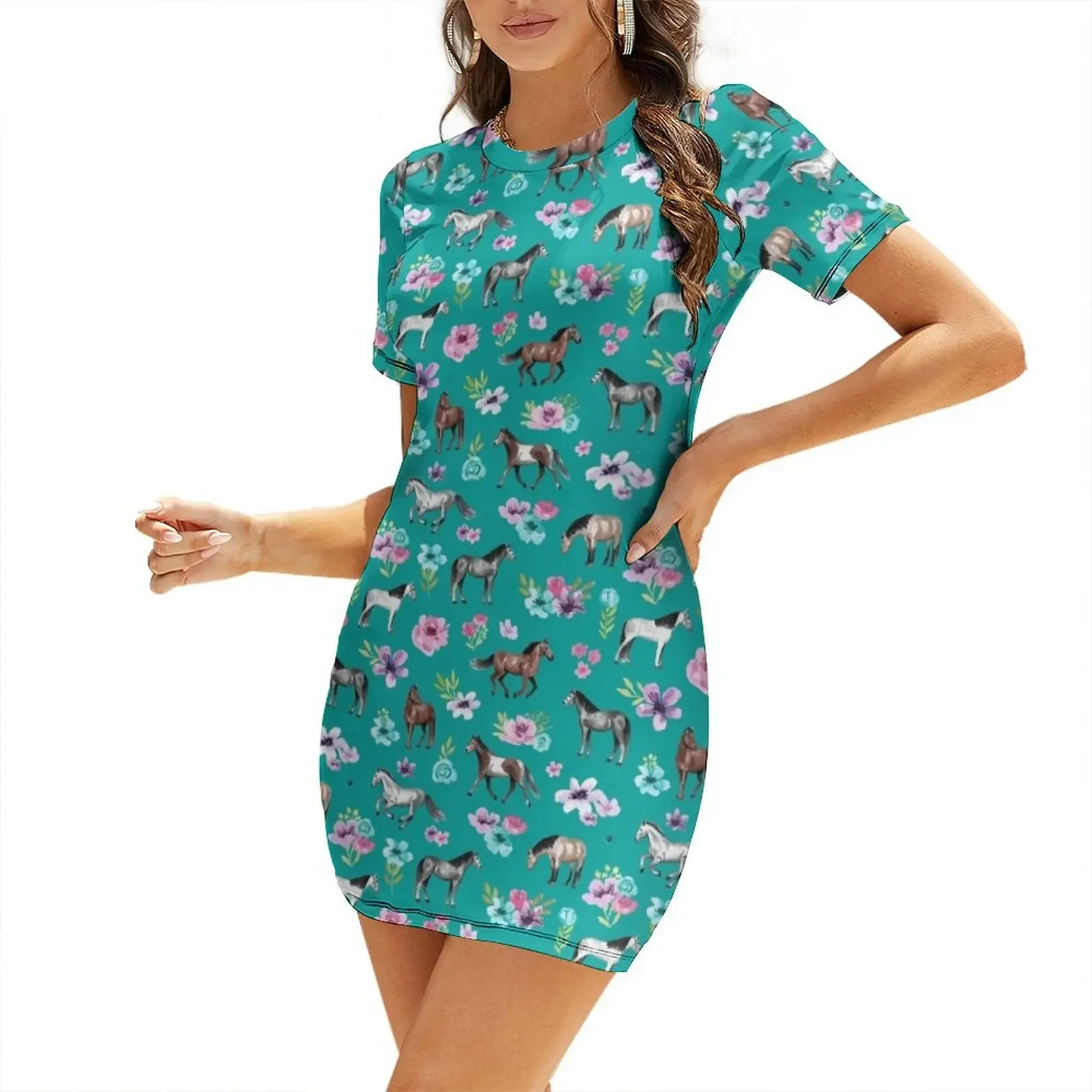 Summer Clothing Online - Deniz mavisi renginde atlar ve çiçekler,