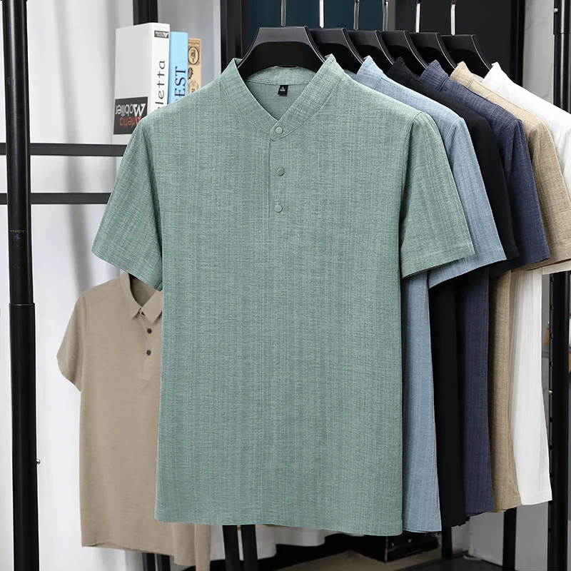Summer Clothing Guys - Erkek Mandarin Yaka Yarım Düğmeli Keten