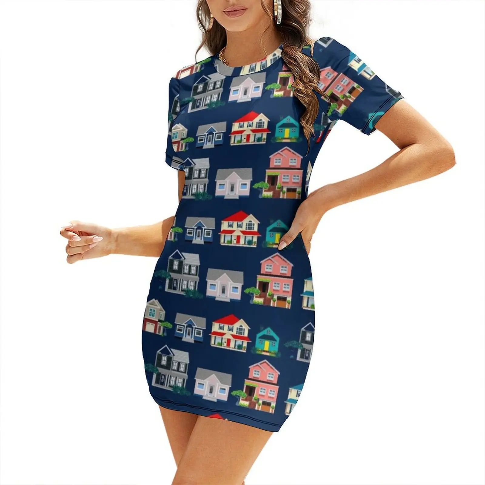 Summer Clothing Online - Houses on Street Kısa Kollu Elbise